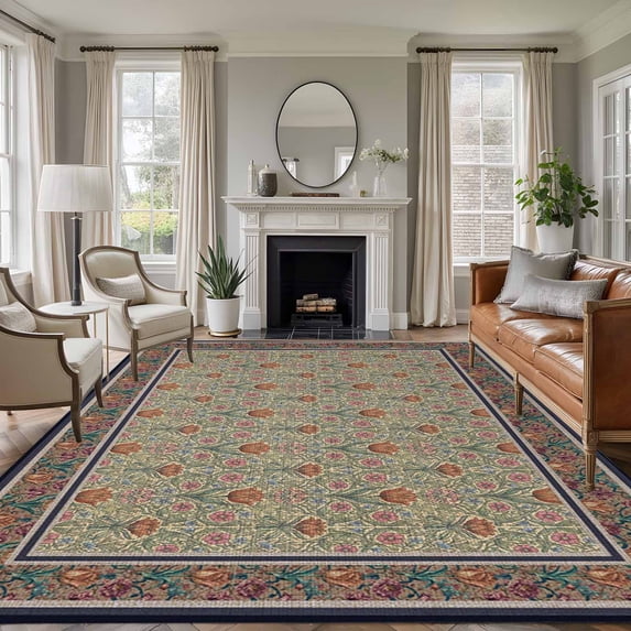 5'x7' Area Rugs for Living Room Bedroom, Boho Floral Washable Rug Carpet Runner Indoor Outdoor, Vintage Flowers Abstract Art Ethic Tribe Non Slip Floor Mats Area Rug for Kitchen, Nursery