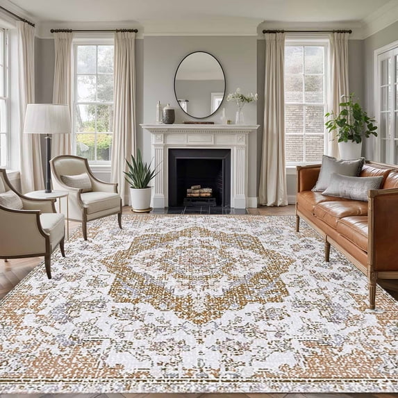 5'x7' Area Rugs for Living Room Bedroom, Brown Boho Washable Rug Carpet Runner Indoor Outdoor, Vintage Abstract Art Floral Ethnic Tribe Non Slip Floor Mats Area Rug for Kitchen, Nursery
