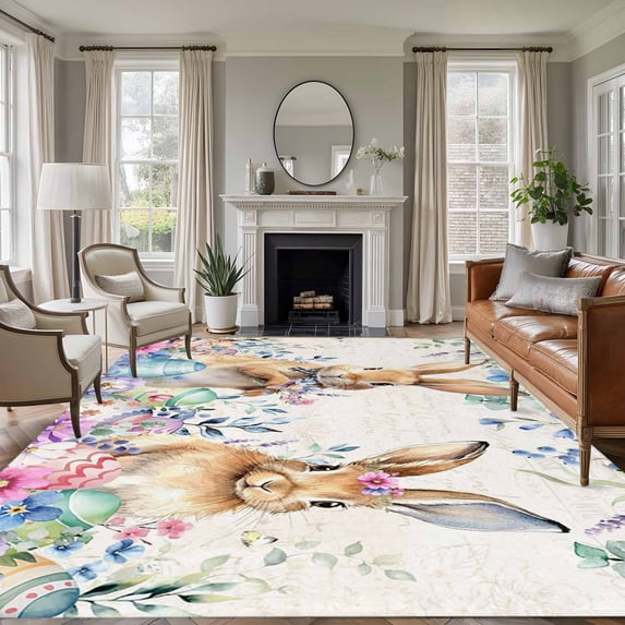 5'x7' Area Rugs for Living Room Bedroom, Bunny Easter Washable Rug Carpet Runner Indoor Outdoor, Spring Floral Eucalyptus Leaves Eggs Weeping Non Slip Floor Mats Area Rug for Kitchen, Nursery