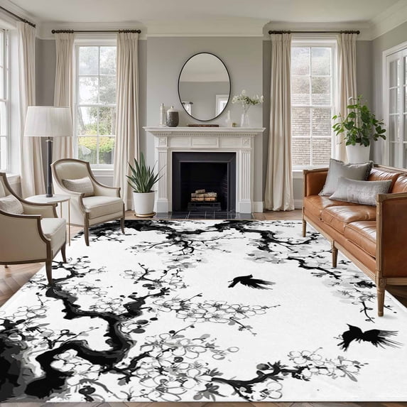 5'x7' Area Rugs for Living Room Bedroom, Chinese Painting Washable Rug Carpet Runner Indoor Outdoor, Traditional Culture Cool Bird Tree Branch Non Slip Floor Mats Area Rug for Kitchen, Nursery