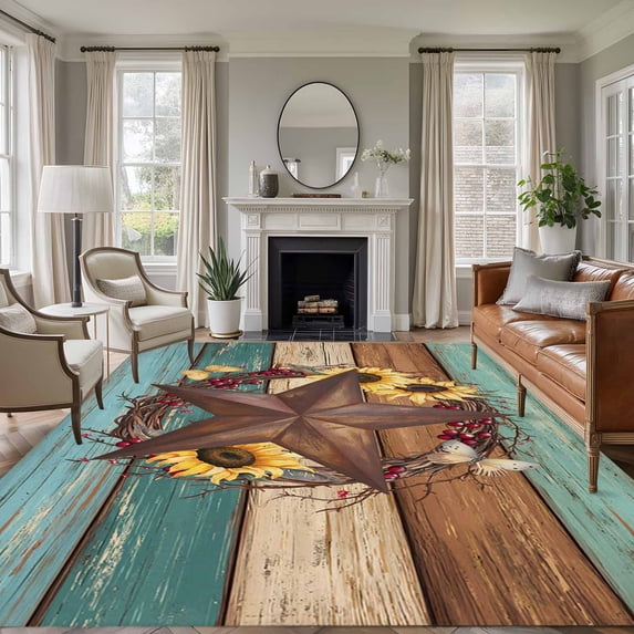 5'x7' Area Rugs for Living Room Bedroom, Country Star Vintage Washable Rug Carpet Runner Indoor Outdoor, Sunflower Farmhouse Teal Brown Western Berry Non Slip Floor Mats Area Rug for Kitchen, Nursery