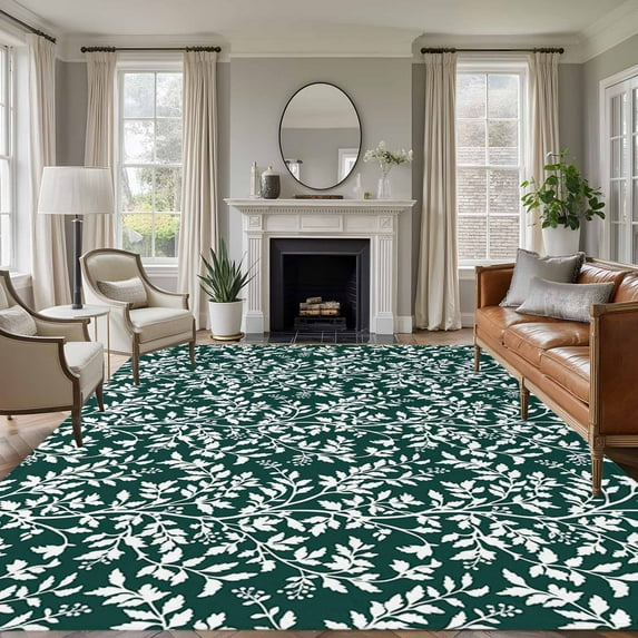 5'x7' Area Rugs for Living Room Bedroom, Dark Green Spring Floral Washable Rug Carpet Runner Indoor Outdoor, Farmhouse Flowers Elegant Pastoral Non Slip Floor Mats Area Rug for Kitchen, Nursery