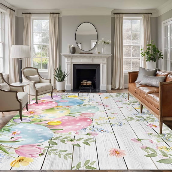 5'x7' Area Rugs for Living Room Bedroom, Easter Eggs Washable Rug Carpet Runner Indoor Outdoor, Spring Daisy Eucalyptus Leaves Gray Wooden Non Slip Floor Mats Area Rug for Kitchen, Nursery