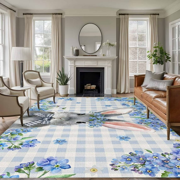 5'x7' Area Rugs for Living Room Bedroom, Easter Rabbit Washable Rug Carpet Runner Indoor Outdoor, Spring Cute Bunny Blue Flowers Buffalo Plaid Non Slip Floor Mats Area Rug for Kitchen, Nursery
