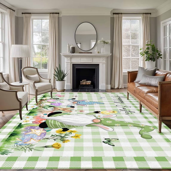 5'x7' Area Rugs for Living Room Bedroom, Easter Washable Rug Carpet Runner Indoor Outdoor, Spring Gnomes Flowers Rabbit Butterfly Green Plaid Non Slip Floor Mats Area Rug for Kitchen, Nursery