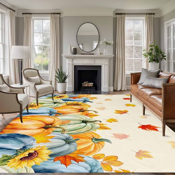5'x7' Area Rugs for Living Room Bedroom, Fall Pumpkins Washable Rug Carpet Runner Indoor Outdoor, Thanksgiving Autumn Maple Leaves Orange Non Slip Floor Mats Area Rug for Kitchen, Nursery
