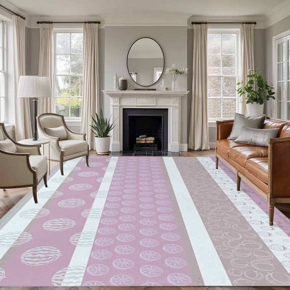 5'x7' Area Rugs for Living Room Bedroom, Farm Fruits Washable Rug Carpet Runner Indoor Outdoor, Watermelon Lemons Peach Pink Grey Striped Non Slip Floor Mats Area Rug for Kitchen, Nursery