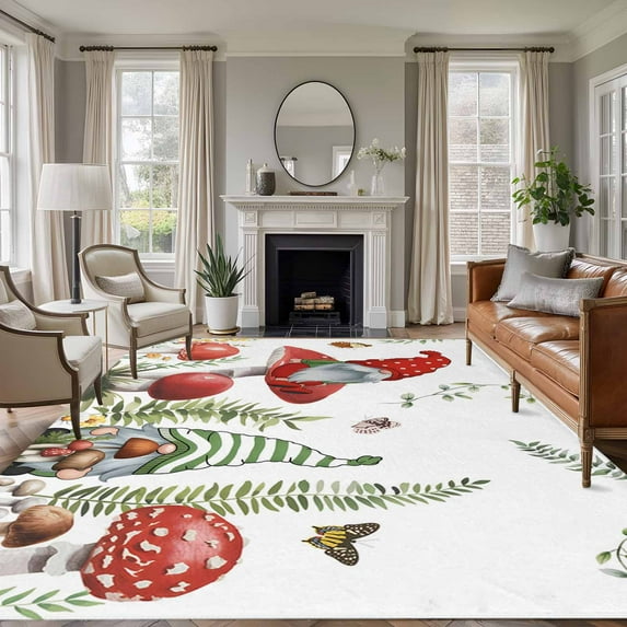 5'x7' Area Rugs for Living Room Bedroom, Gnomes Mushroom Washable Rug Carpet Runner Indoor Outdoor, Country Leaves Plants Butterfly Plants Non Slip Floor Mats Area Rug for Kitchen, Nursery