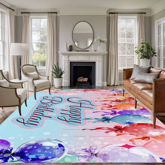 5'x7' Area Rugs for Living Room Bedroom, Happy Birthday Washable Rug Carpet Runner Indoor Outdoor, Colorful Balloons Bow Gradient Modern Blue Non Slip Floor Mats Area Rug for Kitchen, Nursery
