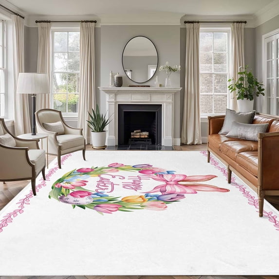 5'x7' Area Rugs for Living Room Bedroom, Happy Easter Washable Rug Carpet Runner Indoor Outdoor, Rabbits Bows Spring Tulips Eggs Pastoral Non Slip Floor Mats Area Rug for Kitchen, Nursery