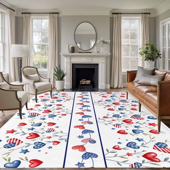 5'x7' Area Rugs for Living Room Bedroom, Independence Day Washable Rug Carpet Runner Indoor Outdoor, 4th of July Red Blue Strip Love Leaves Non Slip Floor Mats Area Rug for Kitchen, Nursery