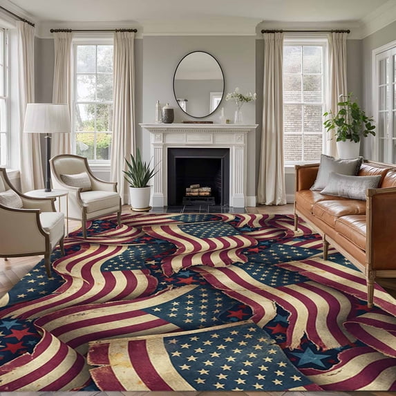 5'x7' Area Rugs for Living Room Bedroom, Independence Day Washable Rug Carpet Runner Indoor Outdoor, Red Blue USA Flag Retro Patriotic Stars Stripes Non Slip Floor Mats Area Rug for Kitchen, Nursery