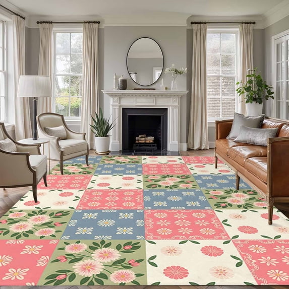 5'x7' Area Rugs for Living Room Bedroom, Japanese Style Washable Rug Carpet Runner Indoor Outdoor, Colorful Patchwork Flowers Leaves Plaid Non Slip Floor Mats Area Rug for Kitchen, Nursery