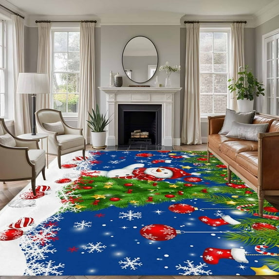 5'x7' Area Rugs for Living Room Bedroom, Navy Blue Christmas Washable Rug Carpet Runner Indoor Outdoor, Snowman Xmas Tree Ball Snowflake Non Slip Floor Mats Area Rug for Kitchen, Nursery