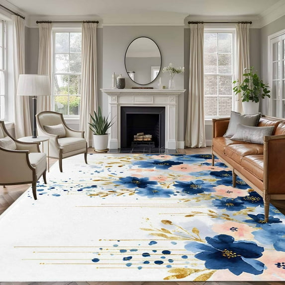 5'x7' Area Rugs for Living Room Bedroom, Navy Blue Spring Floral Washable Rug Carpet Runner Indoor Outdoor, Farmhouse Butterfly Non Slip Floor Mats Area Rug for Kitchen, Nursery