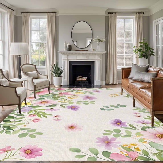 5'x7' Area Rugs for Living Room Bedroom, Pink Purple Flower Washable Rug Carpet Runner Indoor Outdoor, Spring Farmhouse Country Floral Leaf Non Slip Floor Mats Area Rug for Kitchen, Nursery