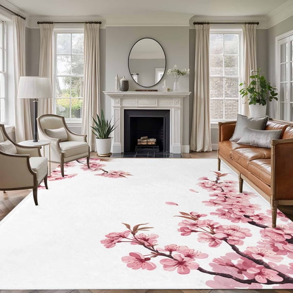 5'x7' Area Rugs for Living Room Bedroom, Pink Spring Floral Washable Rug Carpet Runner Indoor Outdoor, Elegant Pastoral Flowers Watercolor Non Slip Floor Mats Area Rug for Kitchen, Nursery
