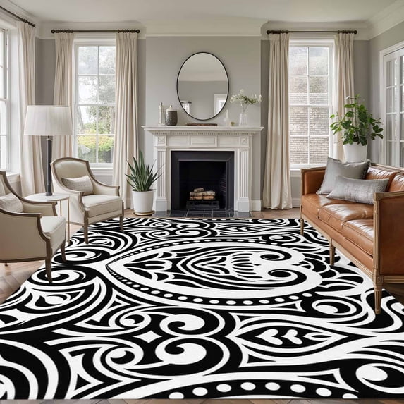 5'x7' Area Rugs for Living Room Bedroom, Polynesia Texture Washable Rug Carpet Runner Indoor Outdoor, Vintage Floral Tribe Abstract Art Black Non Slip Floor Mats Area Rug for Kitchen, Nursery