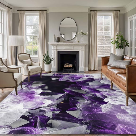5'x7' Area Rugs for Living Room Bedroom, Purple Black Geometric Washable Rug Carpet Runner Indoor Outdoor, Modern Abstract Crystals Artwork Non Slip Floor Mats Area Rug for Kitchen, Nursery