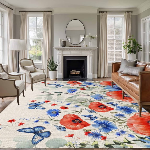 5'x7' Area Rugs for Living Room Bedroom, Red Blue Flowers Washable Rug Carpet Runner Indoor Outdoor, Spring Floral Farmhouse Botanical Rustic Non Slip Floor Mats Area Rug for Kitchen, Nursery