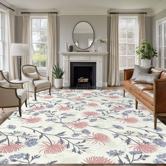 5'x7' Area Rugs for Living Room Bedroom, Red Blue Spring Floral Washable Rug Carpet Runner Indoor Outdoor, Flowers Leaves Pastoral Botanical Non Slip Floor Mats Area Rug for Kitchen, Nursery
