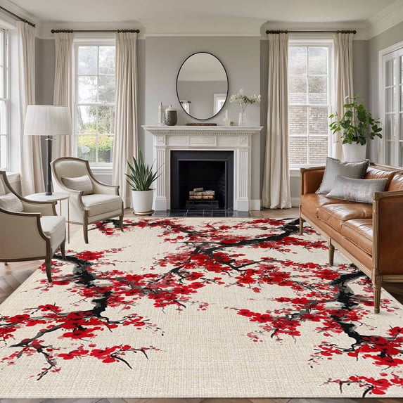 5'x7' Area Rugs for Living Room Bedroom, Red Flowers Washable Rug Carpet Runner Indoor Outdoor, Chinese Plum Blossoms Traditional Ink Painting Non Slip Floor Mats Area Rug for Kitchen, Nursery