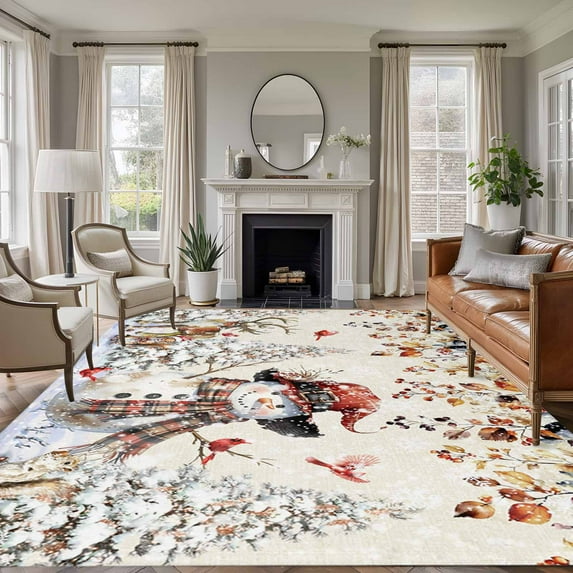 5'x7' Area Rugs for Living Room Bedroom, Rustic Christmas Snowman Washable Rug Carpet Runner Indoor Outdoor, Xmas Snowflake Eucalyptus Leaves Non Slip Floor Mats Area Rug for Kitchen, Nursery