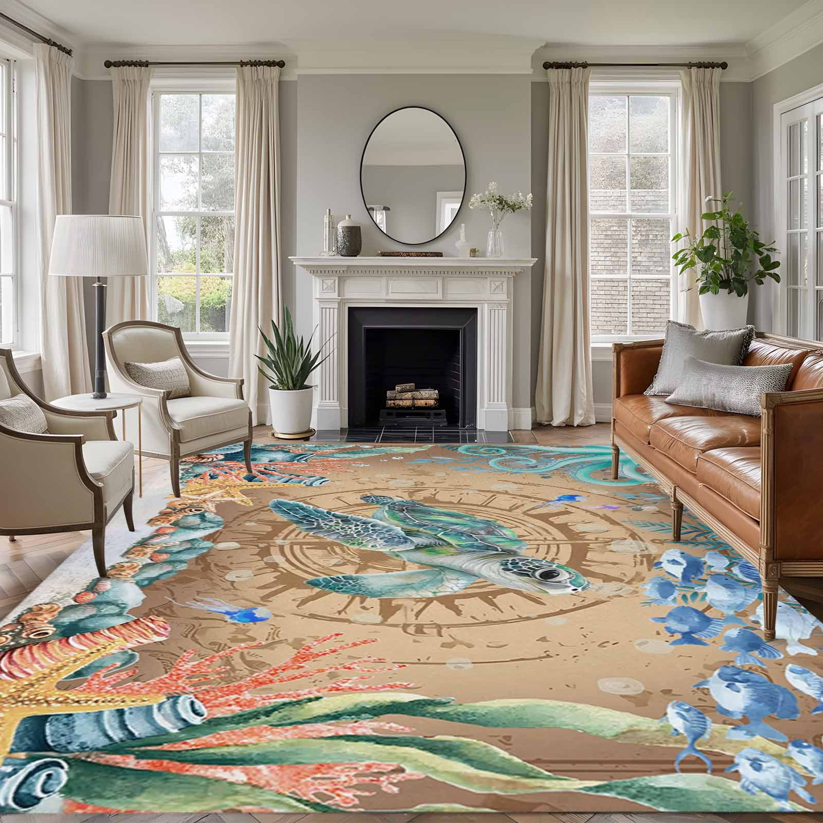 5'x7' Area Rugs for Living Room Bedroom, Sea Turtle Coastal Washable Rug Carpet Runner Indoor Outdoor, Summer Nautical Starfish Coral Brown Anchor Non Slip Floor Mats Area Rug for Kitchen, Nursery