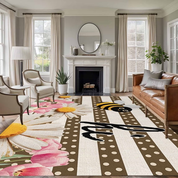 5'x7' Area Rugs for Living Room Bedroom, Spring Bees Daisy Washable Rug Carpet Runner Indoor Outdoor, Rustic Tulips Dots Brown Striped Burlap Non Slip Floor Mats Area Rug for Kitchen, Nursery