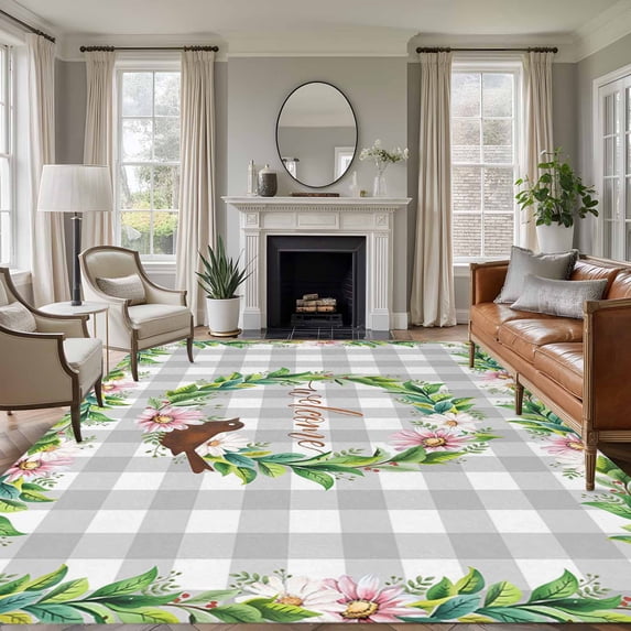 5'x7' Area Rugs for Living Room Bedroom, Spring Botanical Washable Rug Carpet Runner Indoor Outdoor, Garden Birds Floral Leaves Gray Plaid Non Slip Floor Mats Area Rug for Kitchen, Nursery