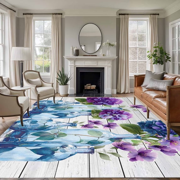 5'x7' Area Rugs for Living Room Bedroom, Spring Daisy Washable Rug Carpet Runner Indoor Outdoor, Botanical Vases Floral Green Leaves Wooden Non Slip Floor Mats Area Rug for Kitchen, Nursery