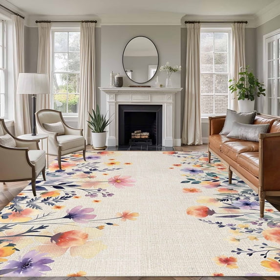 5'x7' Area Rugs for Living Room Bedroom, Spring Floral Washable Rug Carpet Runner Indoor Outdoor, Elegant Flowers Farmhouse Botanical Rustic Non Slip Floor Mats Area Rug for Kitchen, Nursery