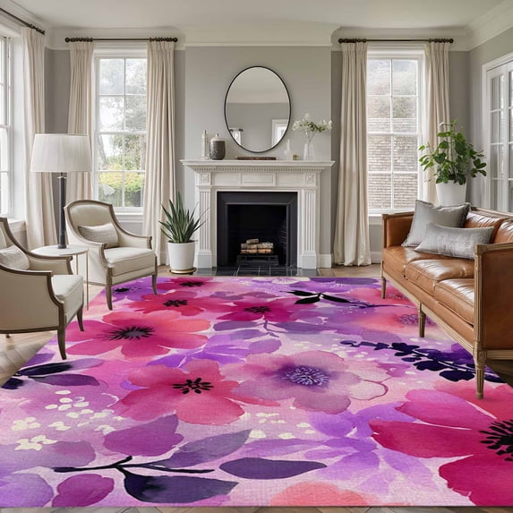 5'x7' Area Rugs for Living Room Bedroom, Spring Floral Washable Rug Carpet Runner Indoor Outdoor, Watercolor Flowers Leaves Vintage Beige Non Slip Floor Mats Area Rug for Kitchen, Nursery