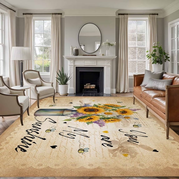 5'x7' Area Rugs for Living Room Bedroom, Sunflowers Washable Rug Carpet Runner Indoor Outdoor, Farmhouse Vintage Flowers Bee Leaves Letters Non Slip Floor Mats Area Rug for Kitchen, Nursery