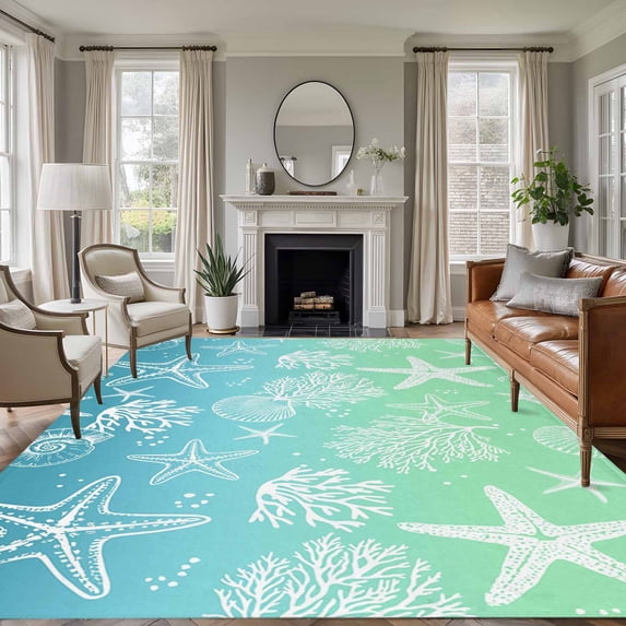 5'x7' Area Rugs for Living Room Bedroom, Teal Blue Ombre Coastal Washable Rug Carpet Runner Indoor Outdoor, Sea Nautical Summer Beach Starfish Coral Non Slip Floor Mats Area Rug for Kitchen, Nursery