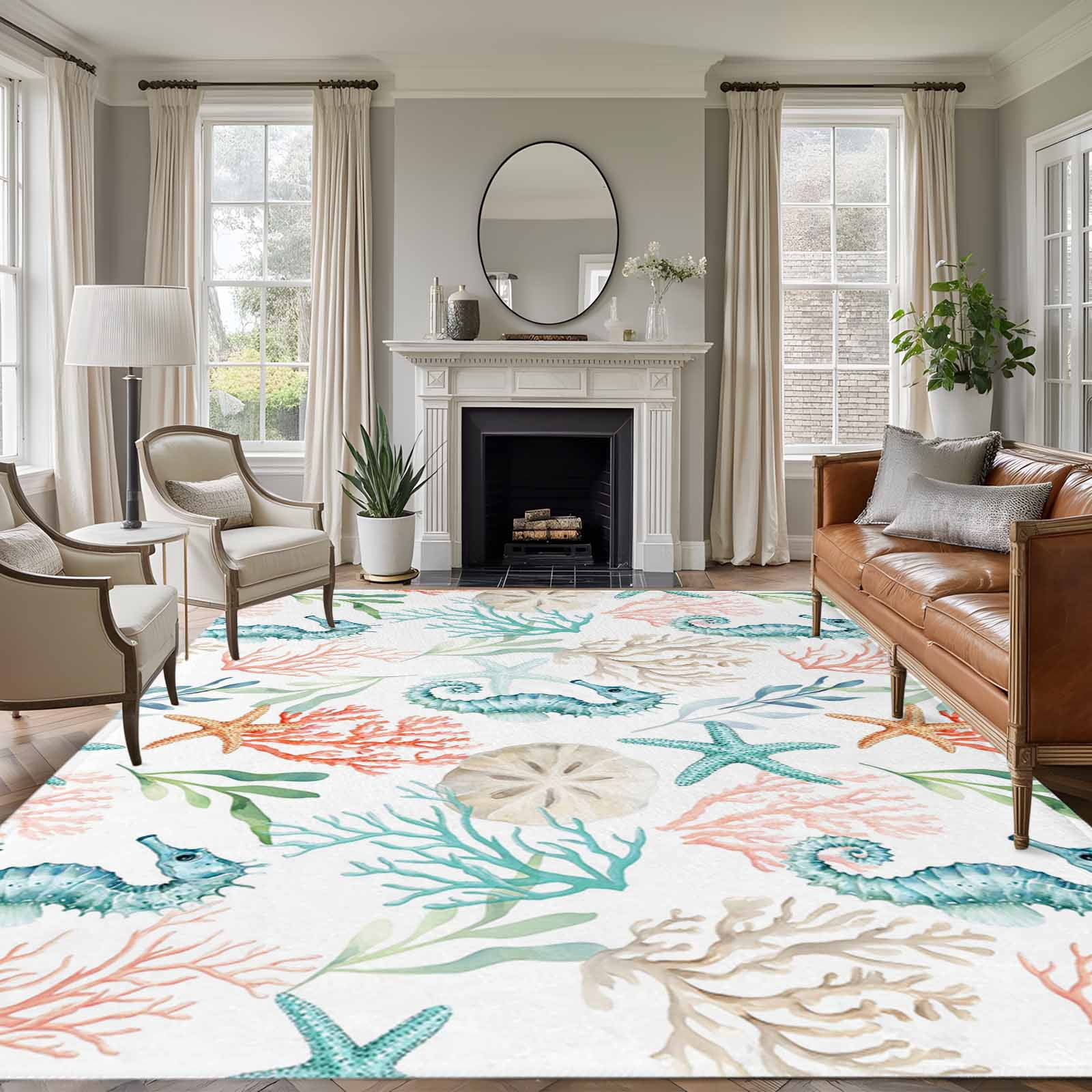 5'x7' Area Rugs for Living Room Bedroom, Teal Red Seahorse Coastal Washable Rug Carpet Runner Indoor Outdoor, Nautical Beach Coral Starfish Non Slip Floor Mats Area Rug for Kitchen, Nursery