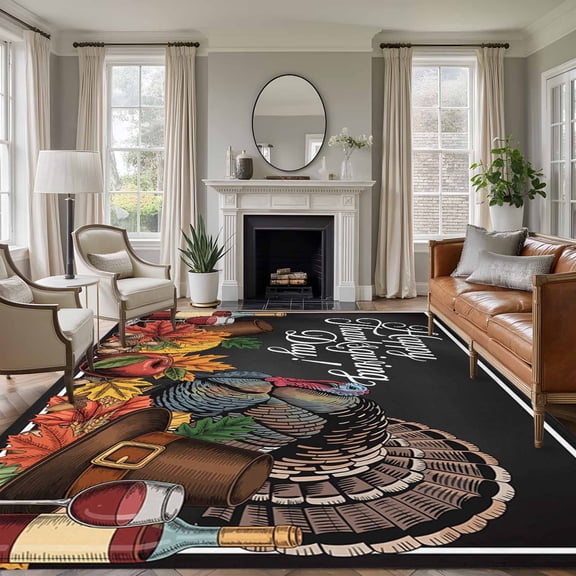 5'x7' Area Rugs for Living Room Bedroom, Thanksgiving Turkey Washable Rug Carpet Runner Indoor Outdoor, Fall Maple Leaf Black Non Slip Floor Mats Area Rug for Kitchen, Nursery