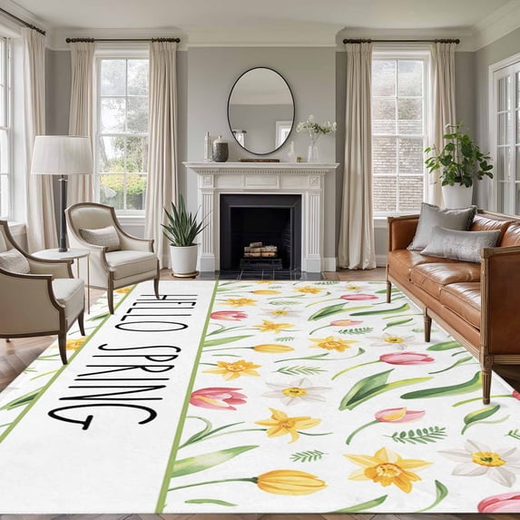5'x7' Area Rugs for Living Room Bedroom, Tulip Flower Washable Rug Carpet Runner Indoor Outdoor, Spring Watercolor Floral Leaf Plant Non Slip Floor Mats Area Rug for Kitchen, Nursery