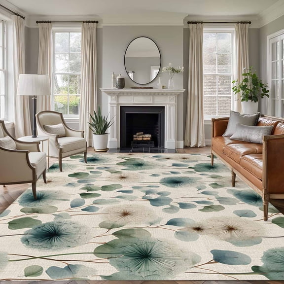 5'x7' Area Rugs for Living Room Bedroom, Watercolor Dandelion Washable Rug Carpet Runner Indoor Outdoor, Spring Floral Botanical Vintage Beige Non Slip Floor Mats Area Rug for Kitchen, Nursery