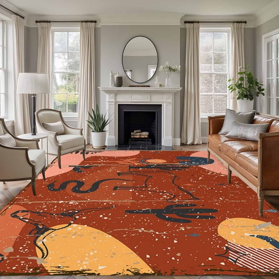 5'x7' Area Rugs for Living Room Bedroom, Western Boho Washable Rug Carpet Runner Indoor Outdoor, Vintage Abstract Horse Cactus Plant Orange Non Slip Floor Mats Area Rug for Kitchen, Nursery