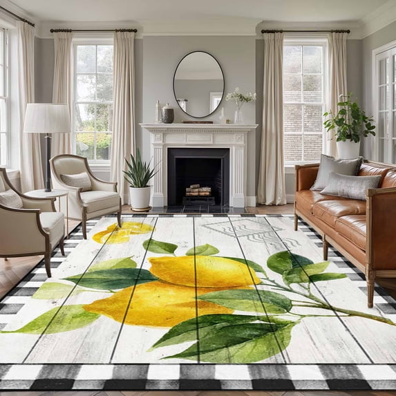 5'x7' Area Rugs for Living Room Bedroom, Yellow Lemon Washable Rug Carpet Runner Indoor Outdoor, Summer Botanical Black White Checkered Wooden Non Slip Floor Mats Area Rug for Kitchen, Nursery