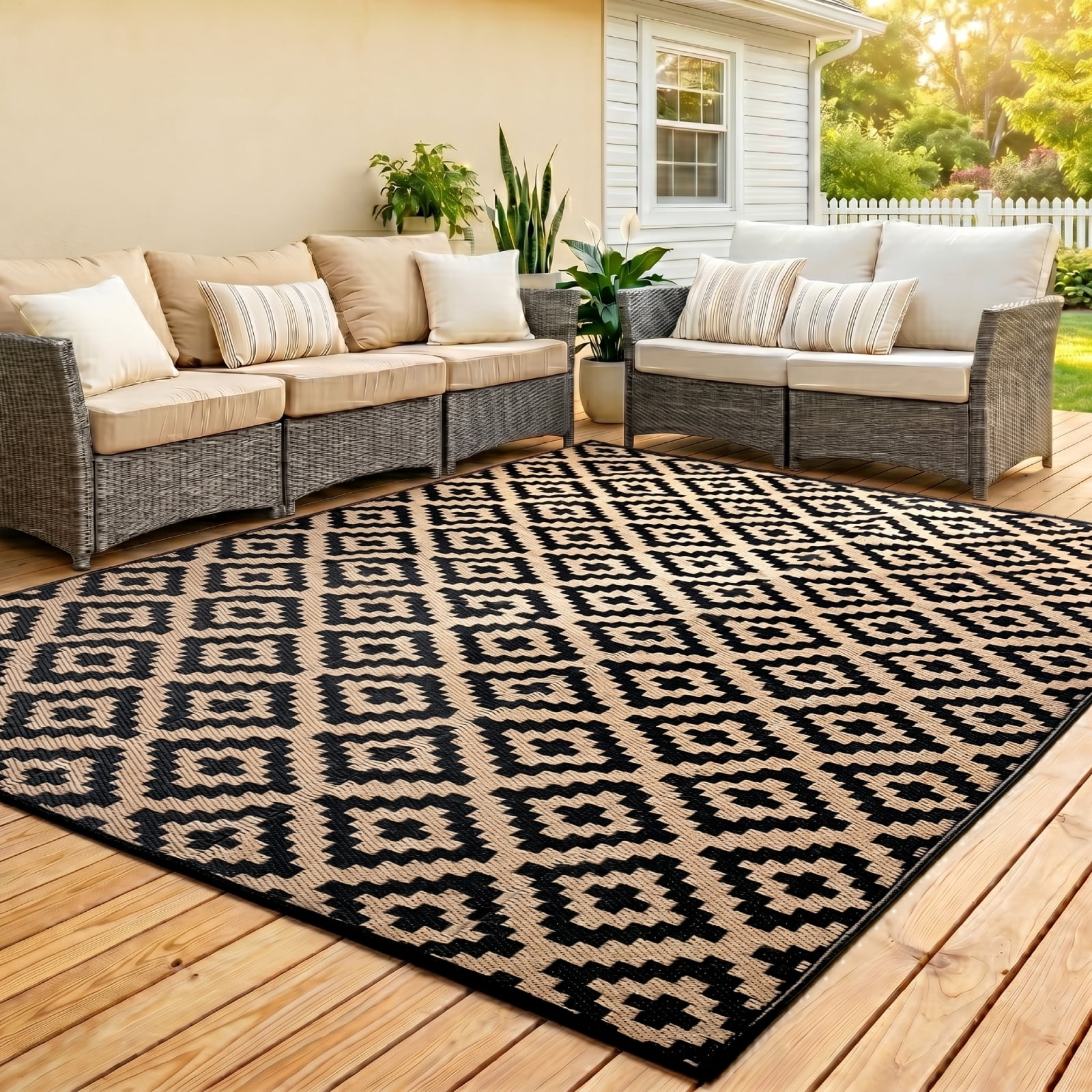 ZRSDIXK 4'×6' Outdoor Rug Waterproof Patio Carpet Outdoor Area Rug Large Plastic Straw Mat for RV Camping Porch Deck Balcony, Black and Brown