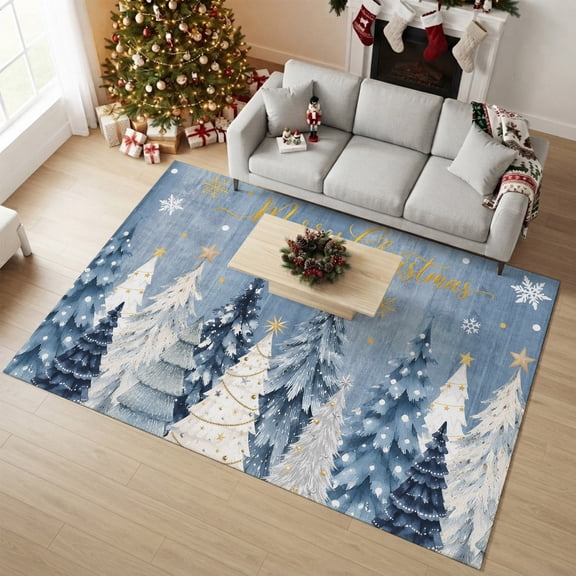 5'x7' Area Rugs, Merry Christmas Indoor Outdoor Area Rug for Living Room Bedroom, Xmas Snowflake Pine Trees Rustic Misty Blue Washable Bathroom Rugs Kitchen Floor Carpet Mats Home Decor