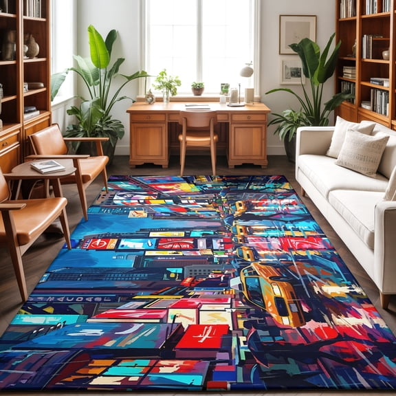 5'x7' Area Rugs, Modern Urban Indoor Outdoor Area Rug for Living Room Bedroom, Abstract Oil Painting Skyscrapers Blue Washable Bathroom Rugs Kitchen Floor Carpet Mats Home Decor Aesthetic