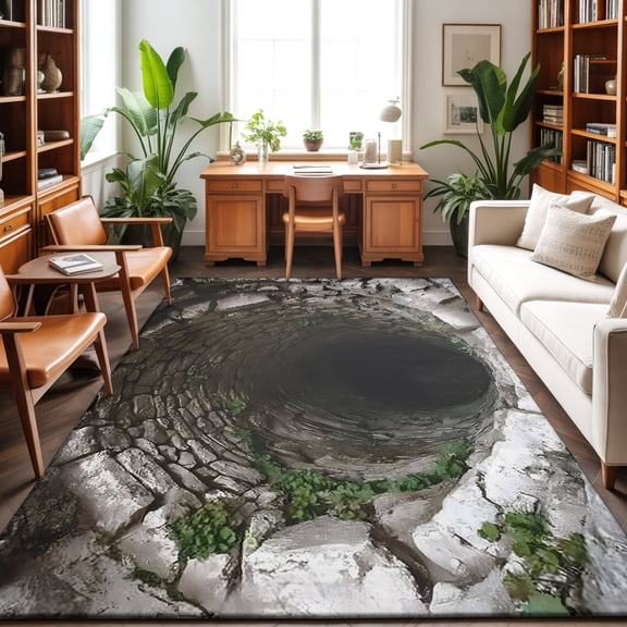 5'x7' Area Rugs, Mossy Stone Well Indoor Outdoor Area Rug for Living Room Bedroom, Historic Ruins Farmhouse Deep Pit Washable Bathroom Rugs Kitchen Floor Carpet Mats Home Decor Aesthetic