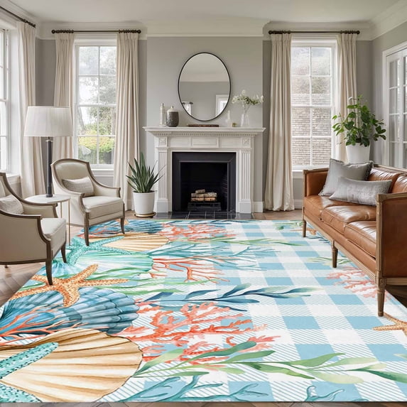 5'x7' Area Rugs, Nautical Coastal Indoor Outdoor Area Rug for Living Room Bedroom, Summer Beach Shell Coral Seaweed Blue Plaid Washable Bathroom Rugs Kitchen Floor Carpet Mats Home Decor Aesthetic