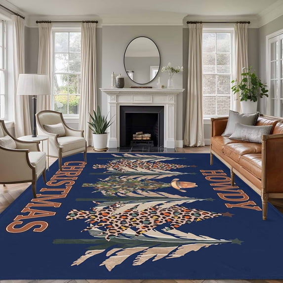 5'x7' Area Rugs, Navy Blue Christmas Indoor Outdoor Area Rug for Living Room Bedroom, Cowboy Leopard Xmas Tree Vintage Washable Bathroom Rugs Kitchen Floor Carpet Mats Home Decor Aesthetic