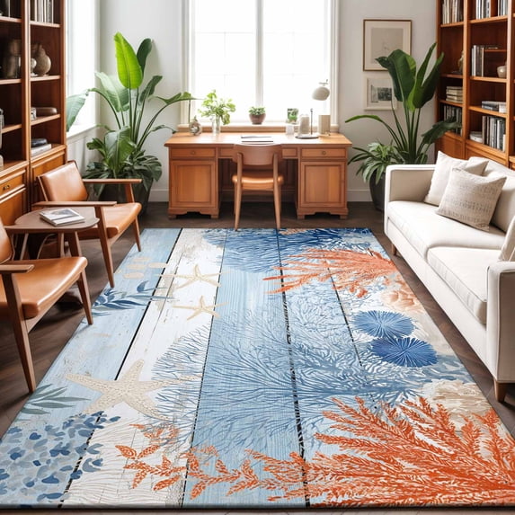 5'x7' Area Rugs, Orange Navy Blue Coral Indoor Outdoor Area Rug for Living Room Bedroom, Summer Beach Coastal Ocean Blue Wood Washable Bathroom Rugs Kitchen Floor Carpet Mats Home Decor Aesthetic