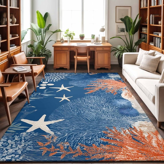 5'x7' Area Rugs, Orange Navy Blue Coral Indoor Outdoor Area Rug for Living Room Bedroom, Summer Beach Coastal Ocean Starfish Washable Bathroom Rugs Kitchen Floor Carpet Mats Home Decor Aesthetic