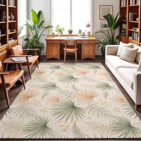 5'x7' Area Rugs, Orange Sage Green Palm Leaves Indoor Outdoor Area Rug for Living Room Bedroom, Farmhouse Summer Botanical Washable Bathroom Rugs Kitchen Floor Carpet Mats Home Decor Aesthetic